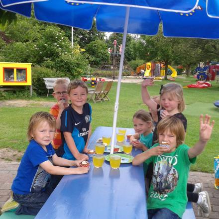 Feestje met limo en taartjes buiten